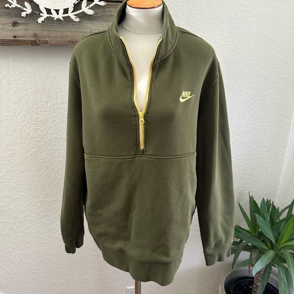 Nike Olive Green Half-Zip Sweatshirt with Yellow Accentsโ ladies Large